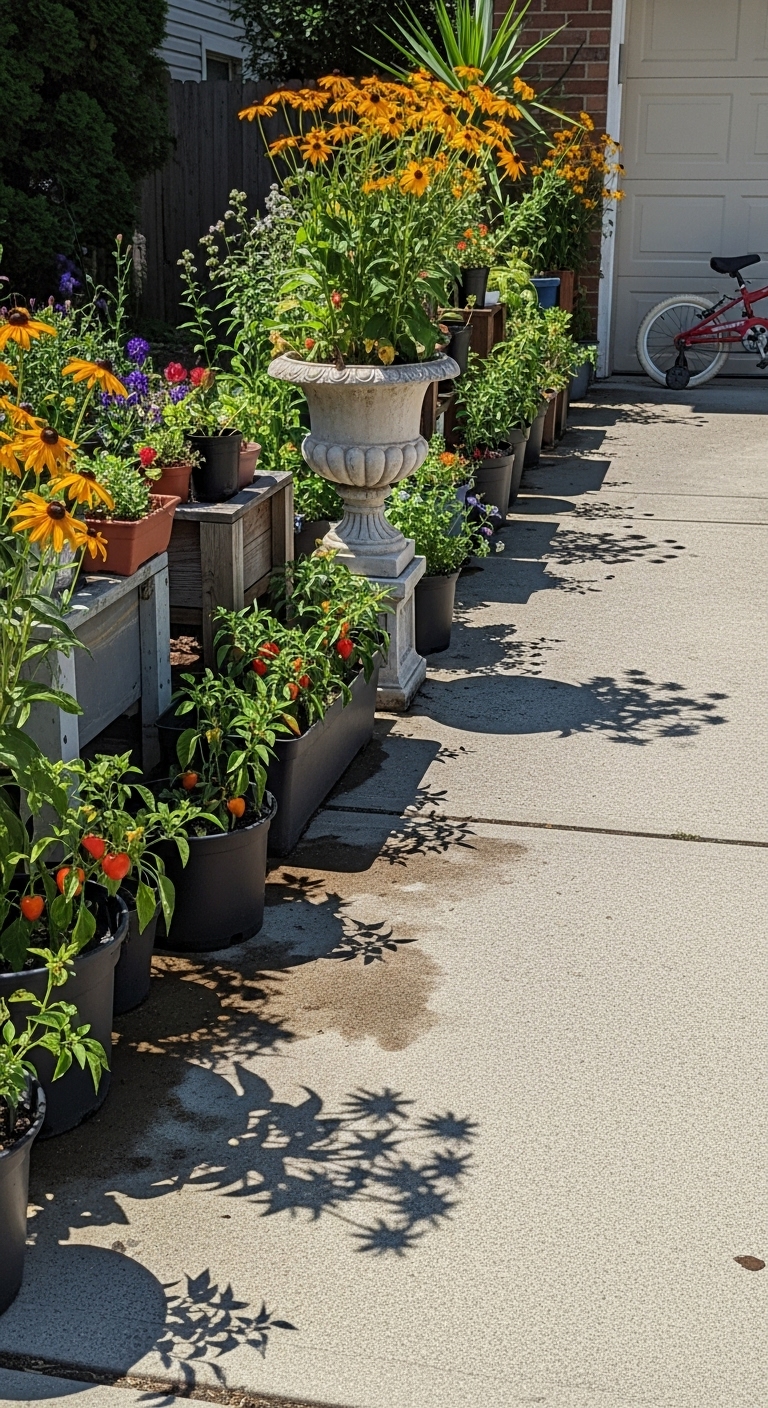 driveway lined with mismatched containers. Each overflows with sun-loving plants such as Rudbeckia blooms and ornamental peppers.