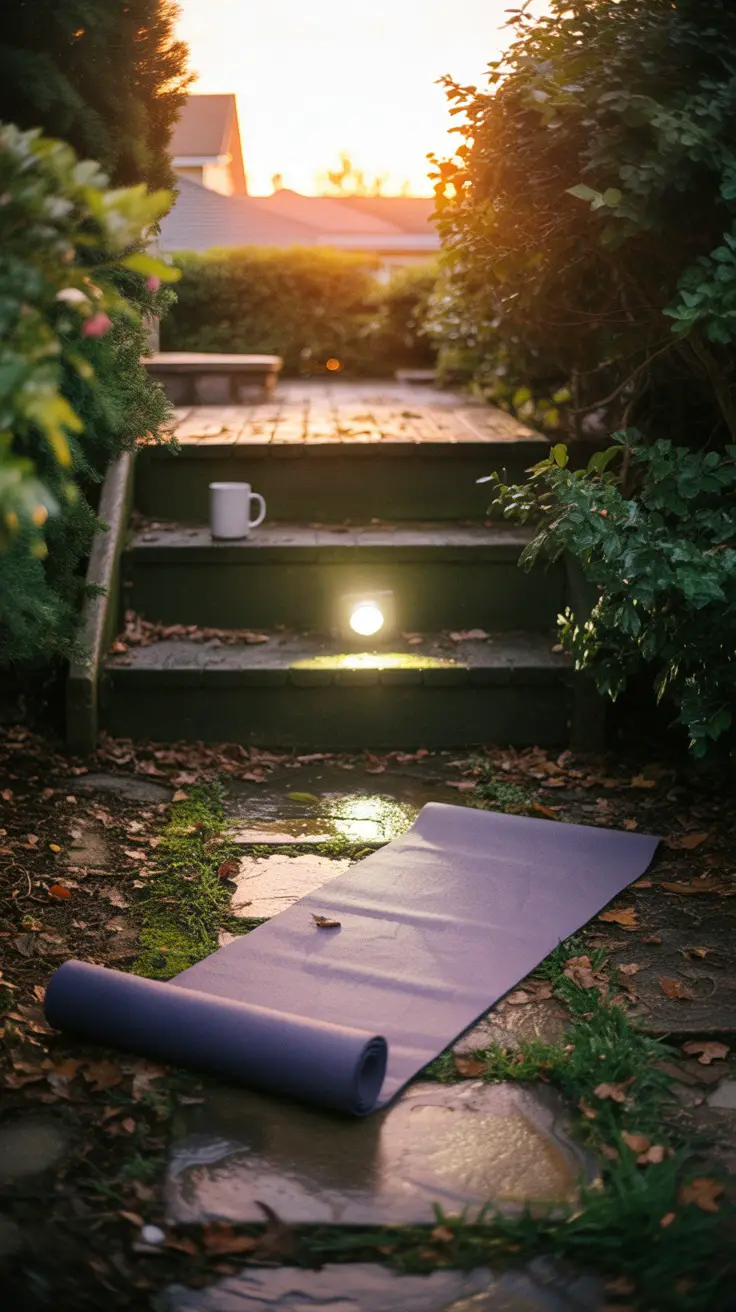 early morning yoga on the garden pathway