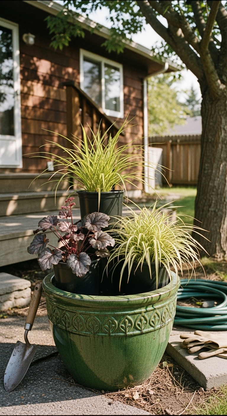 Shade fall planter featuring Hakonechloa macra 'All Gold', its golden grass blades spilling softly; another holds Heuchera 'Obsidian' with near-black, glossy leaves; the third features Carex oshimensis 'Evergold