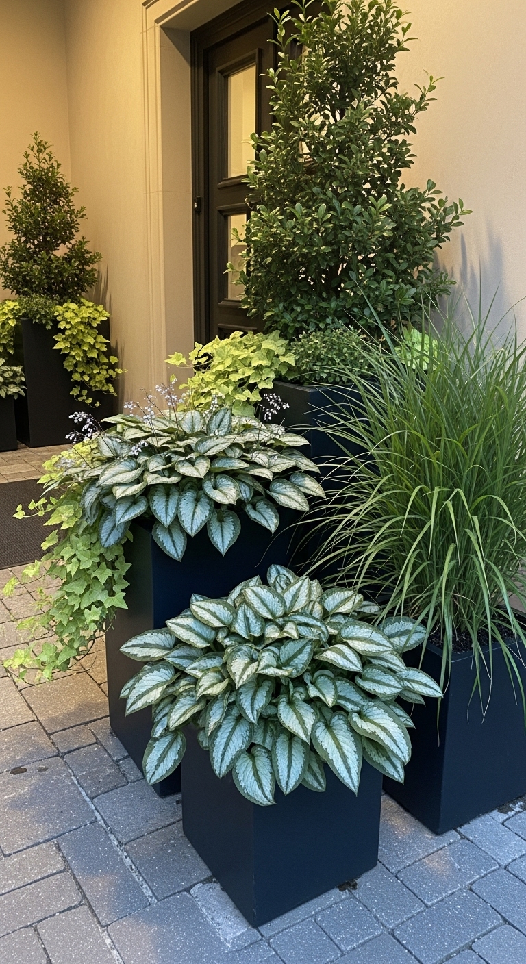 Shade fall planters with brunnera and Japanese forest grass