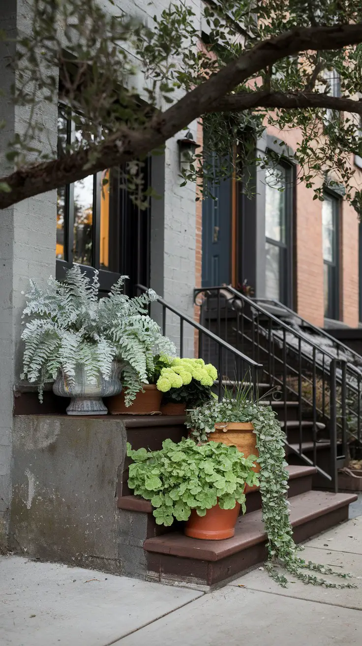 Shade fall planters featuring Japanese painted ferns, lime-green coral bells, and cascading creeping jenny