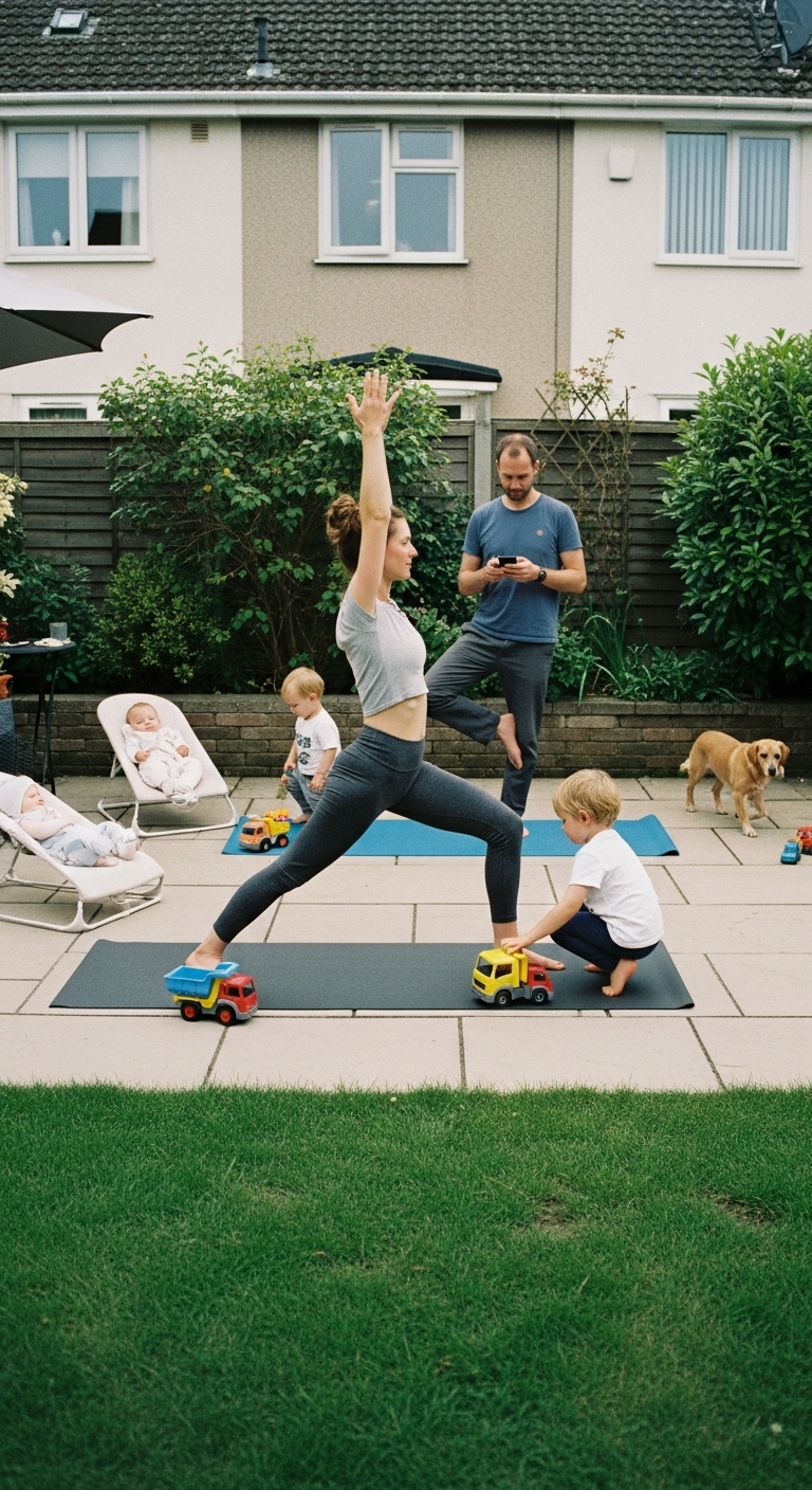 Family yoga on the patio
