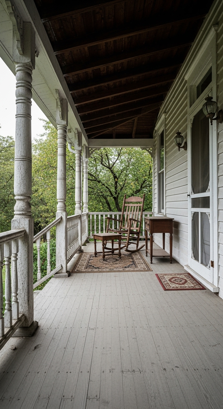 Old farmhouse back porch filled with aged charm