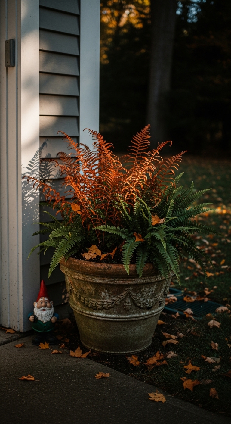 Fall planter in shade with autumn ferns