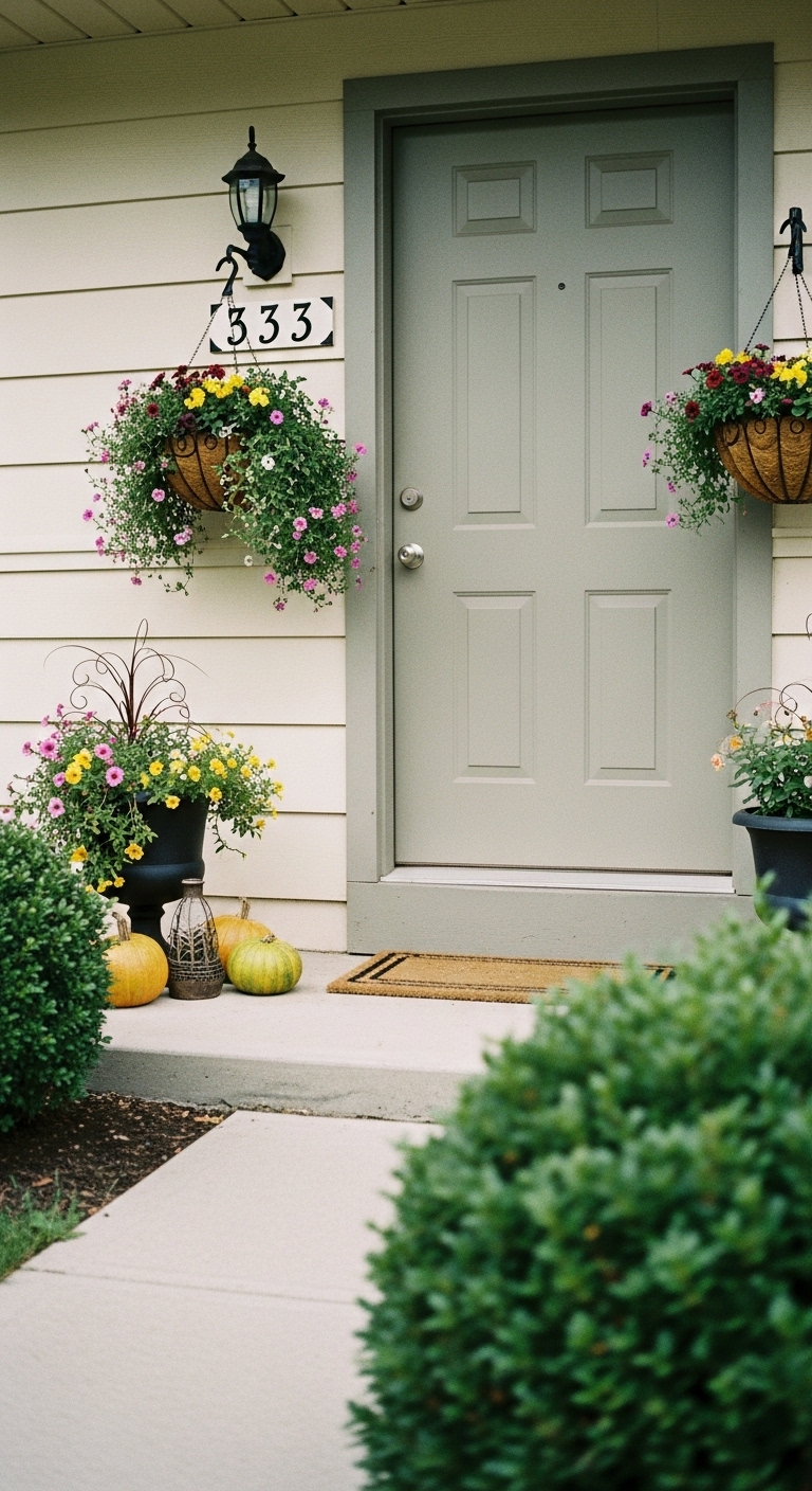 entrance transformed by hanging baskets