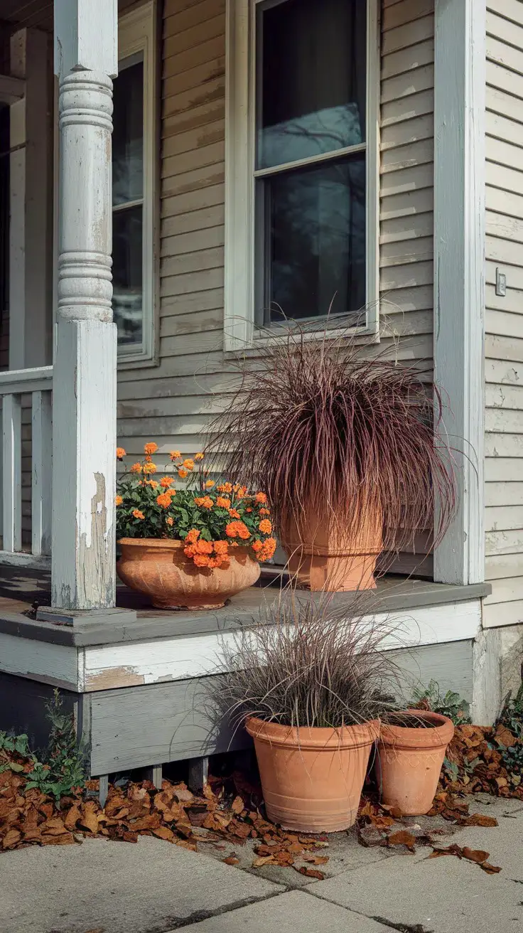 Mismatched terra cotta pots of different sizes overflow with purple fountain grass and orange marigolds