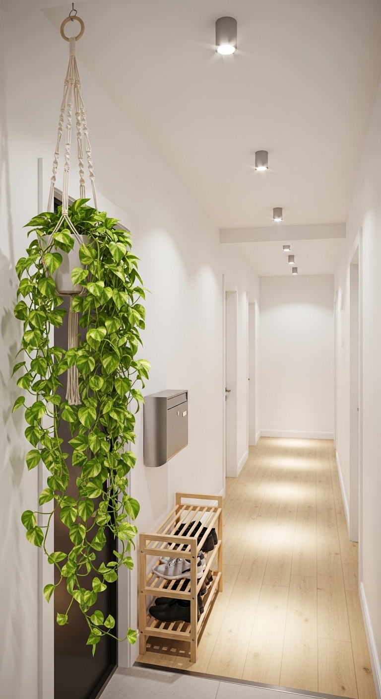 A macrame hanger holds a golden pothos whose vines have long