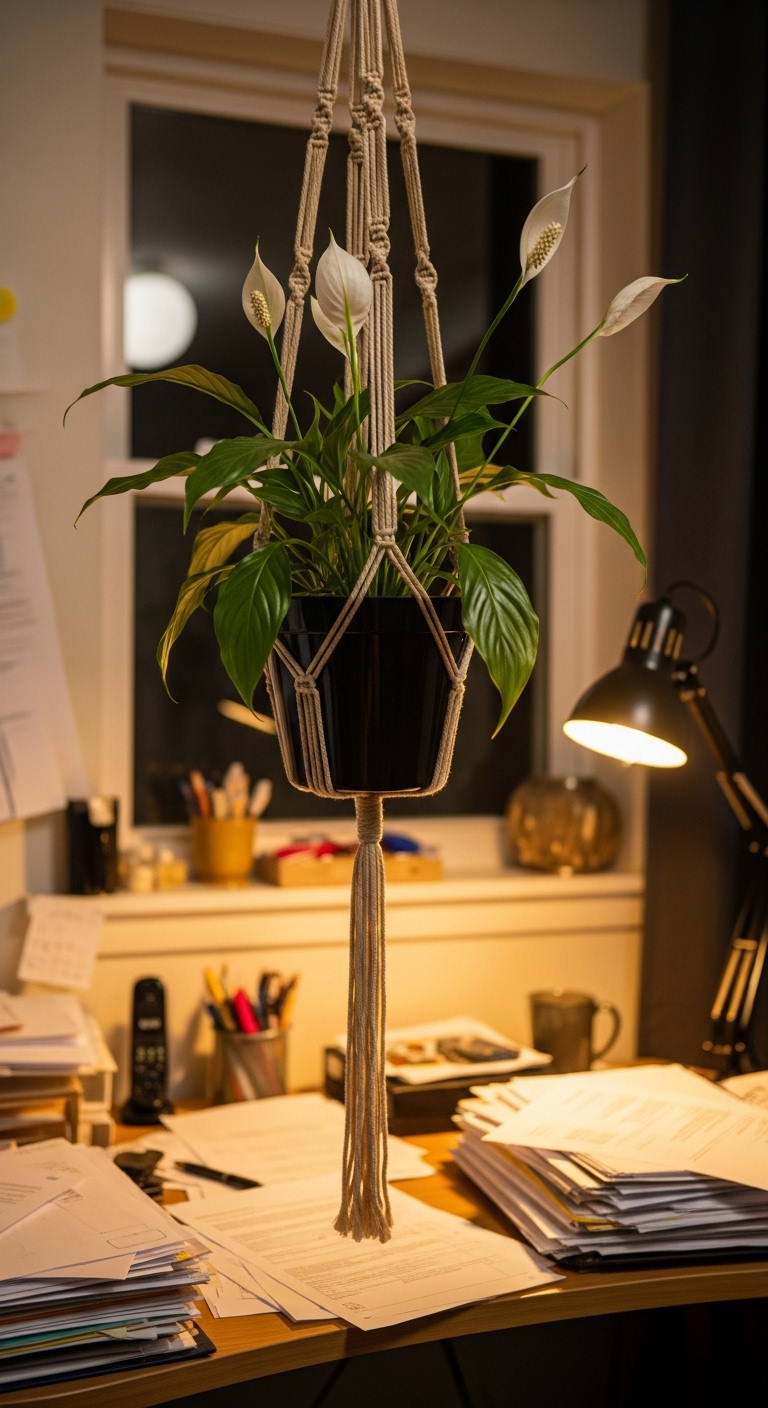simple macrame hanger suspends a peace lily in home office