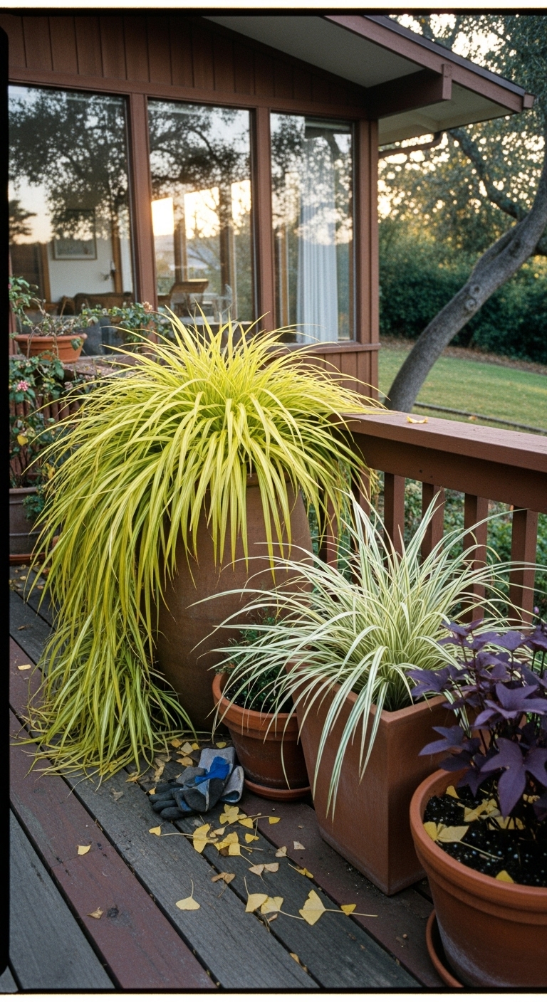 Fall planter in shade with Japanese forest grass
