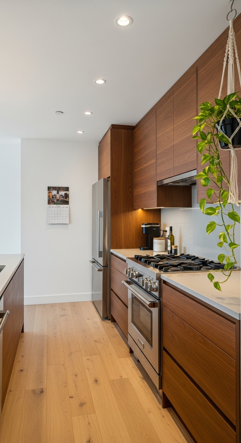 Kitchen with mall macrame hanger with trailing pothos