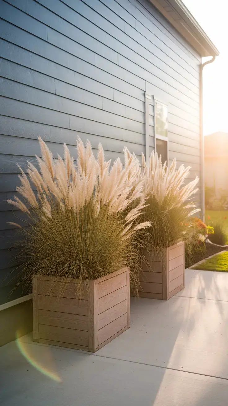 Square wooden fall planters with 'Karl Foerster' feather reed grass