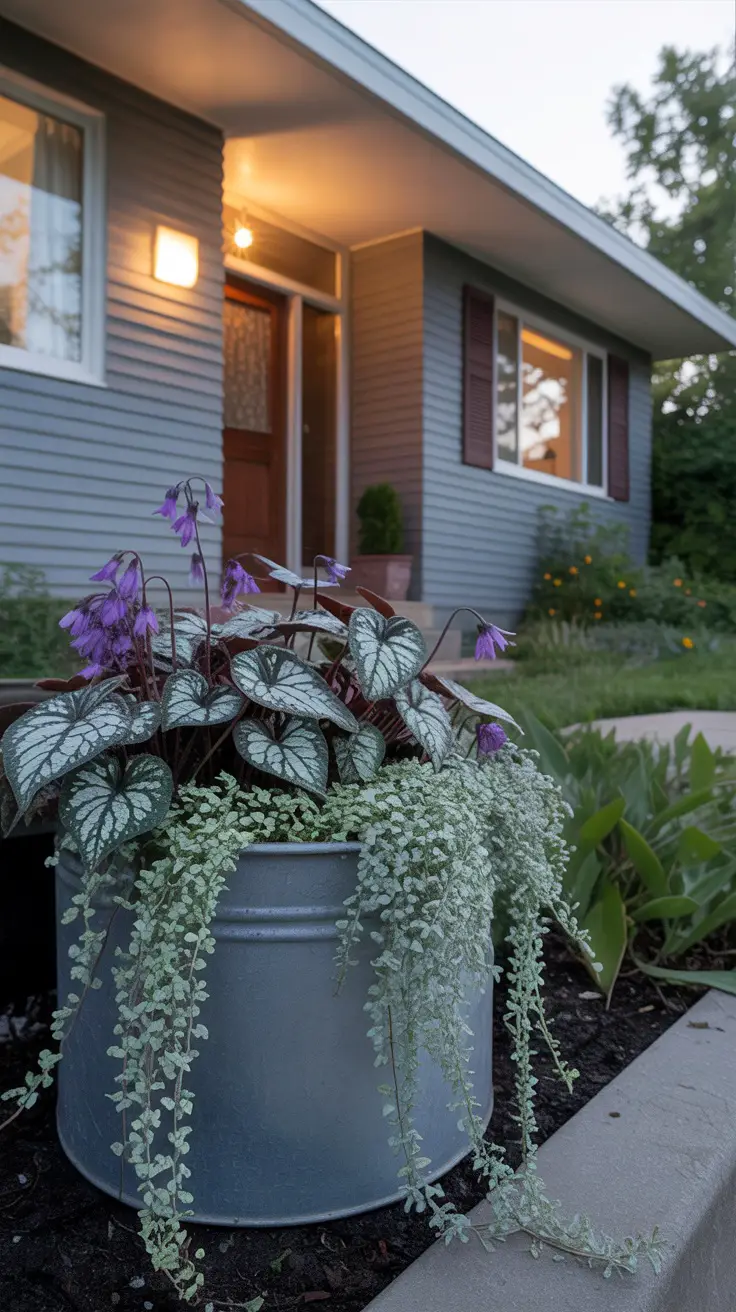 Zinc planters with 'Jack Frost' brunnera , purple coral bells, and trailing dichondra 'Silver Falls