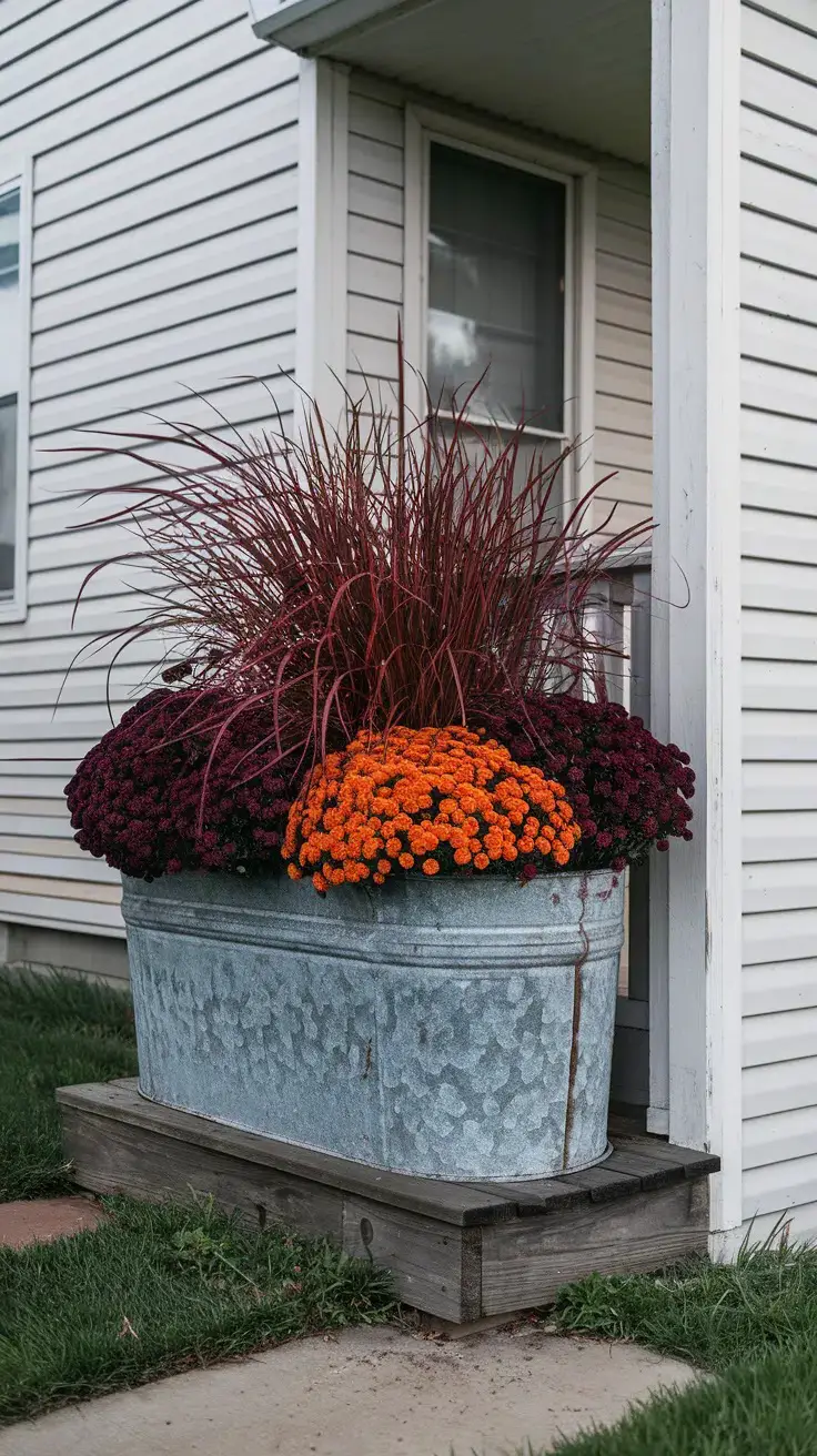 Fall planter with chrysanthemums in deep burgundy and bright orange interplanted with purple fountain grass (Pennisetum setaceum 'Rubrum')