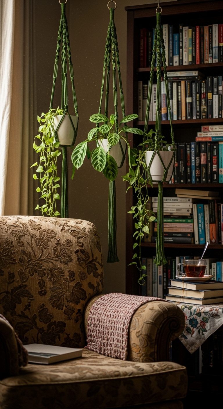 Reading nook with macrame hangers holding string of hearts, a prayer plant, and a small philodendron