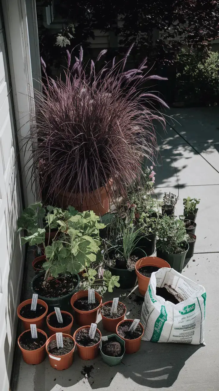 Purple fountain grass next to a collection of nursery pots