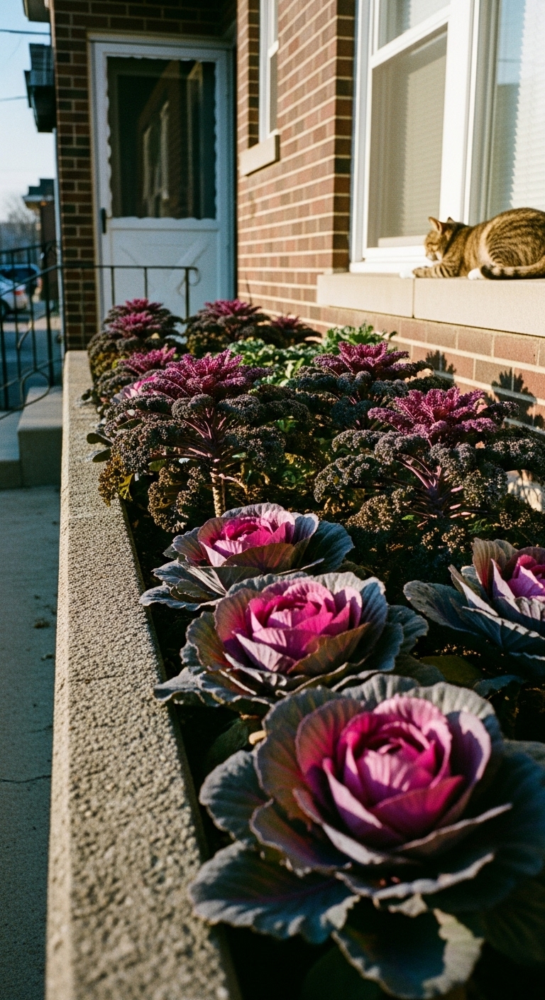 Fall planter filled with 'Redbor' kale and 'Osaka Purple' cabbage