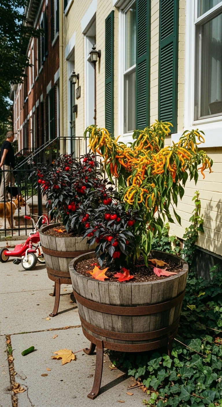 Fall planters with' 'Black Pearl' ornamental peppers the second one showcasing 'Medusa' with its wild tangle of coiled golden and tangerine peppers