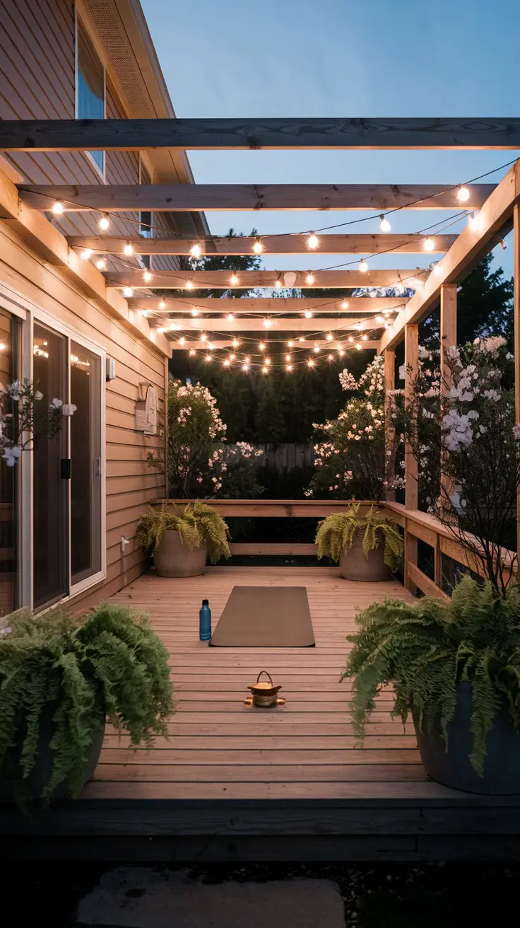 wooden pergola and strings of warm white Edison bulbs. Below yoga mat, a water bottle, and a small brass incense burner