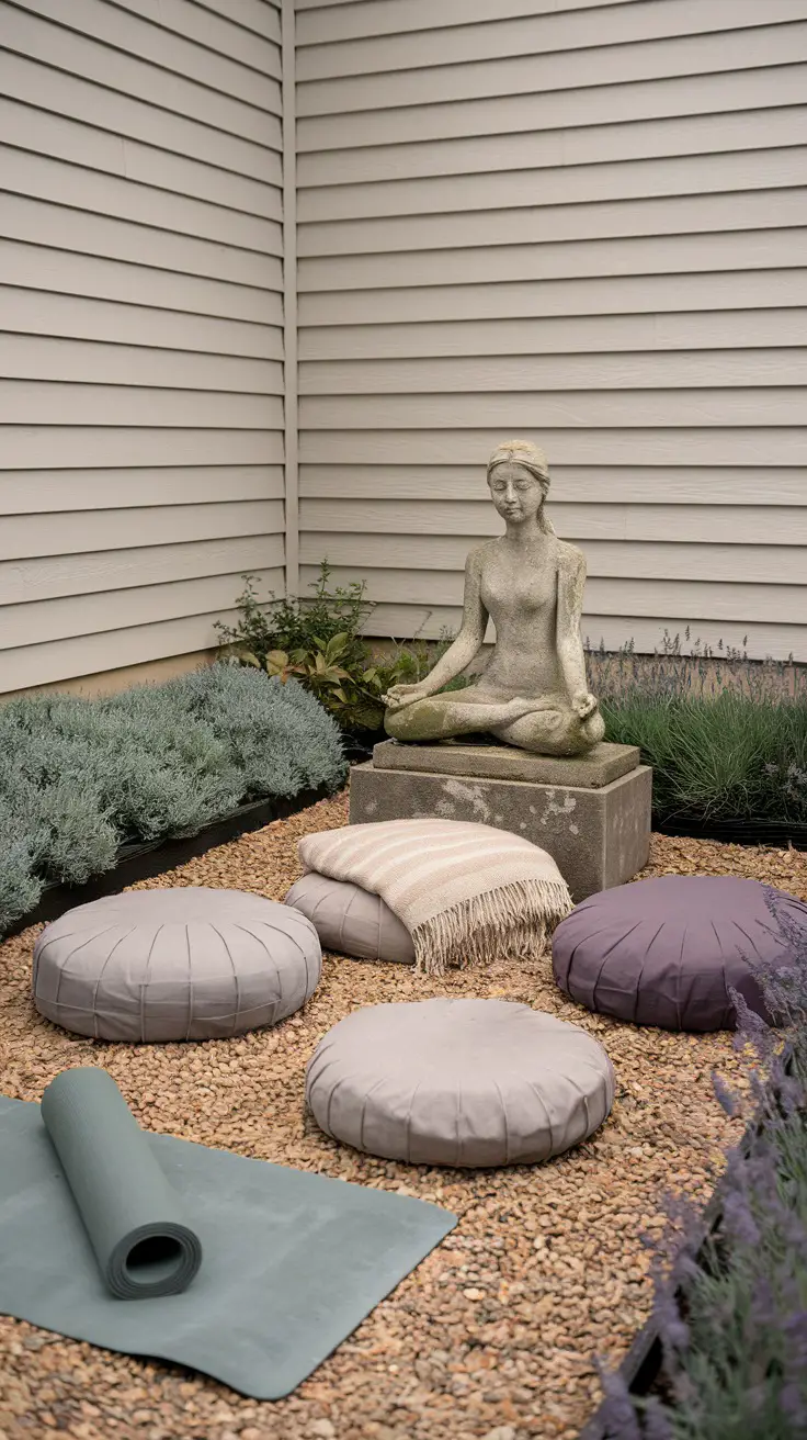 Yoga space in back yard overlooked by a fiberglass statue of a women in a yoga position
