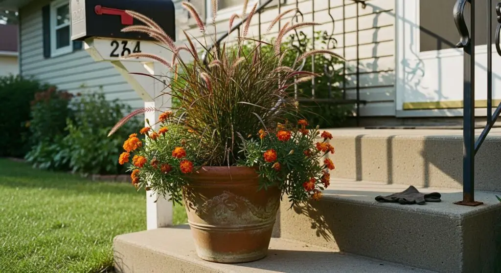 Terracotta pot with Purple fountain grass and orange marigolds spill over the edges,