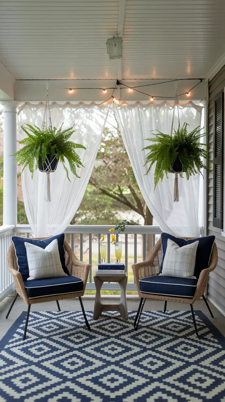 renovated back porch with blue and white patterned outdoor rug anchors two wicker chairs. Ferns hang from ceiling hooks