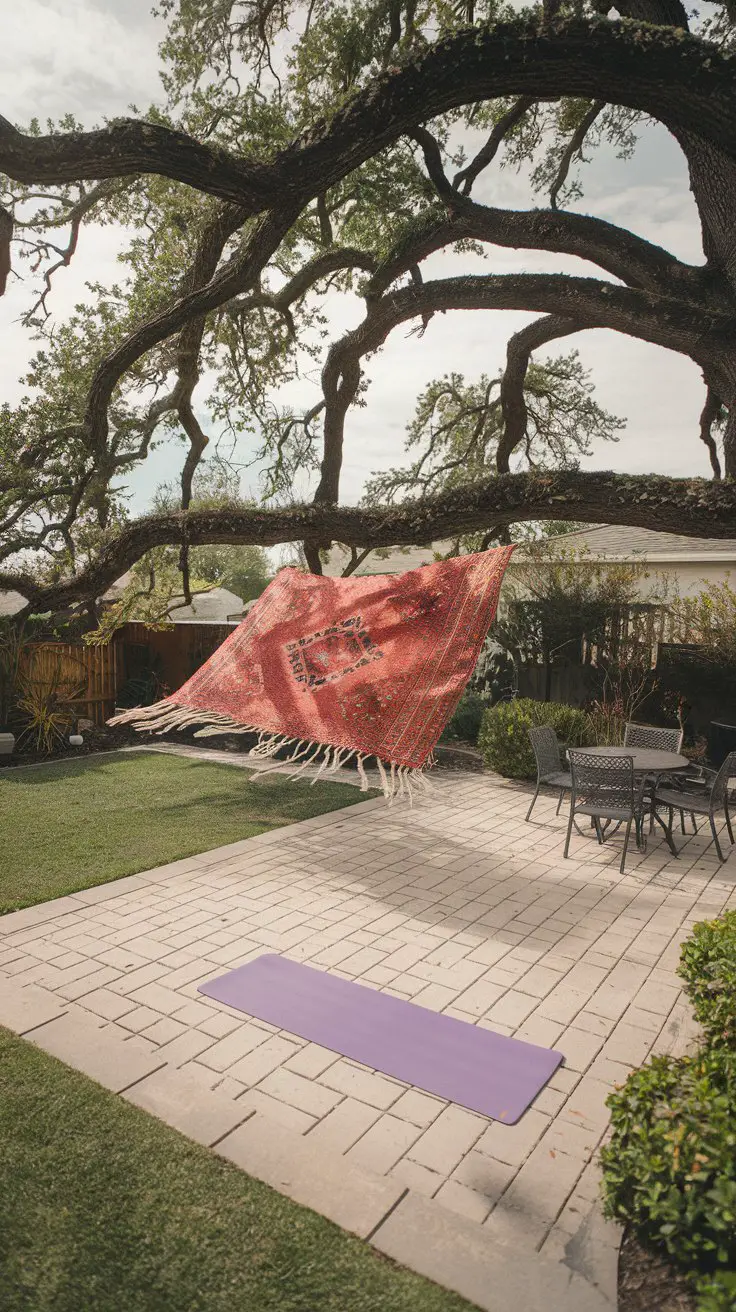 Paved patio with a yoga mat