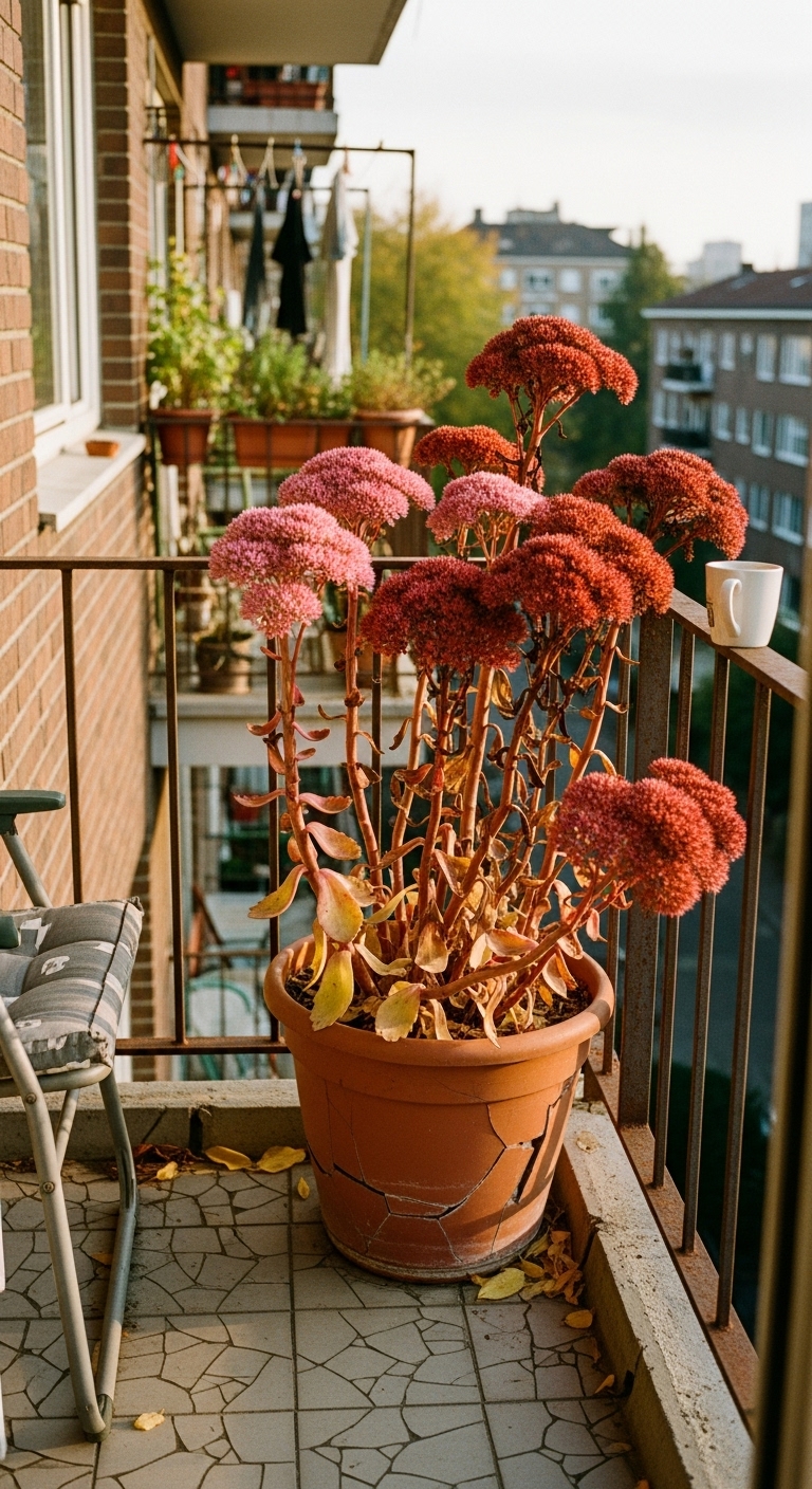 broken terracotta pot with Sedum 'Autumn Joy'