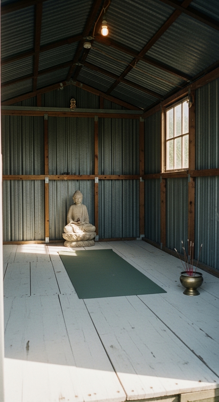 Spacious metal shed with just a yoga mat incense burner and small stone buddha