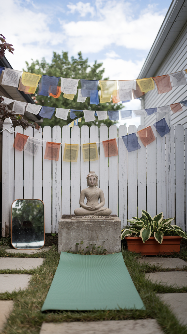 Meditation yoga space with Tibetan pray flags above a statue of Buddha on a stone plinth