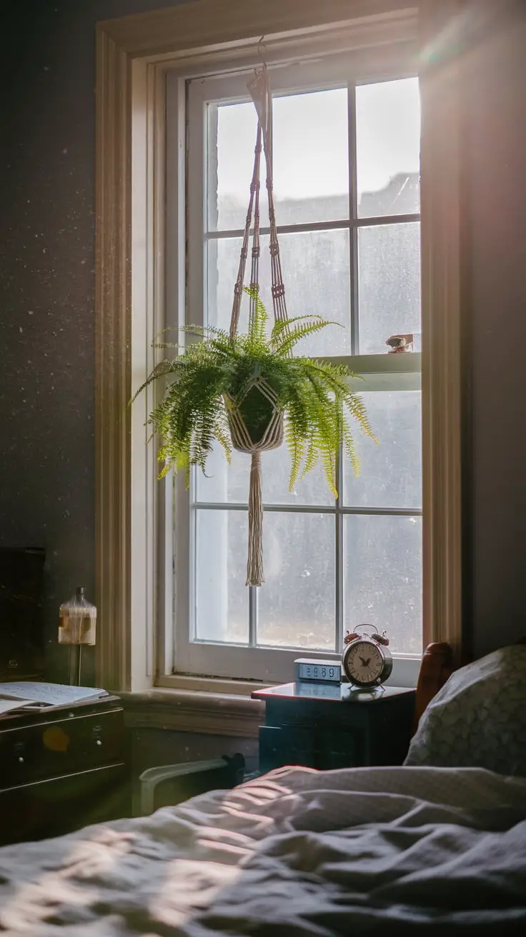 A macrame hanger with a Boston fern