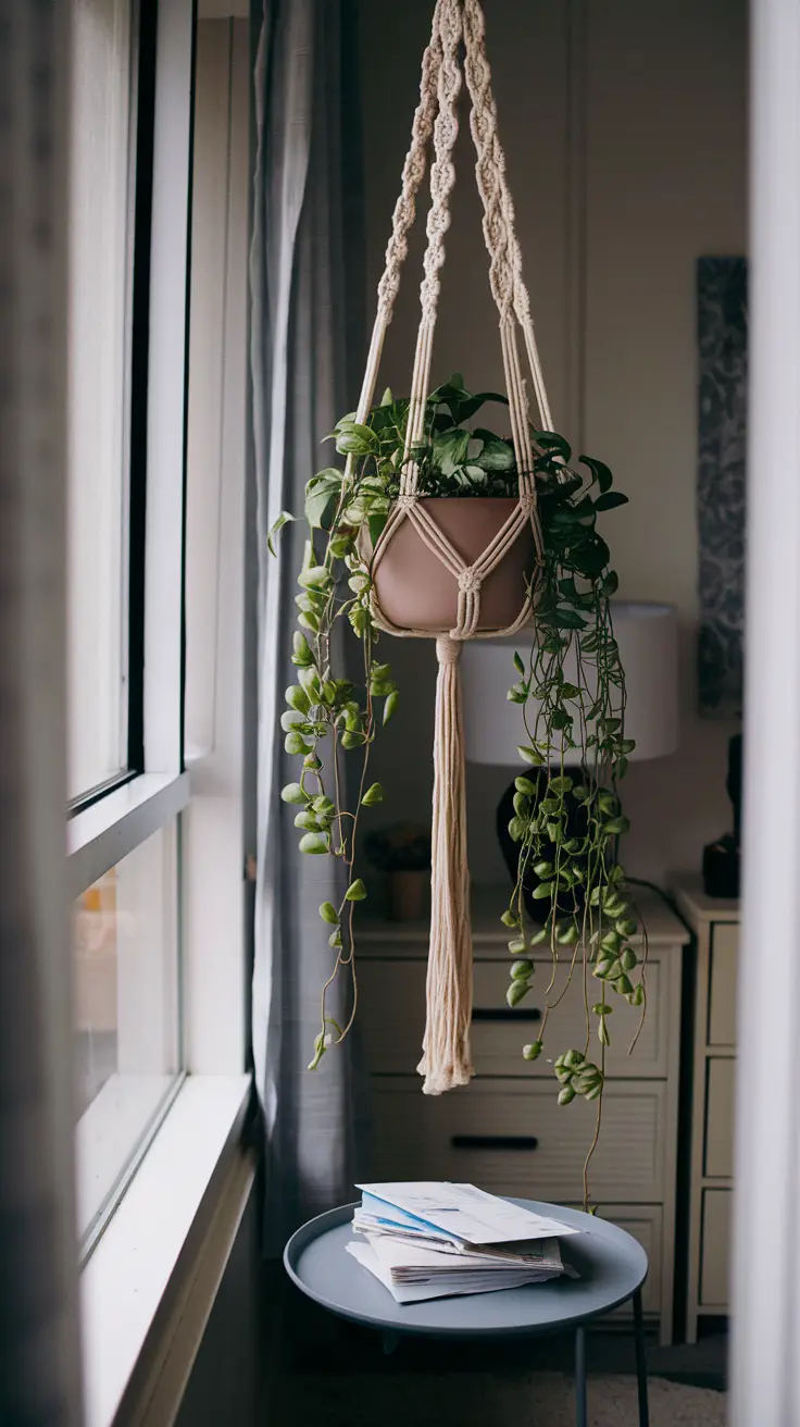 Cream-colored macrame hanger holds a trailing golden pothos, its vines spilling down