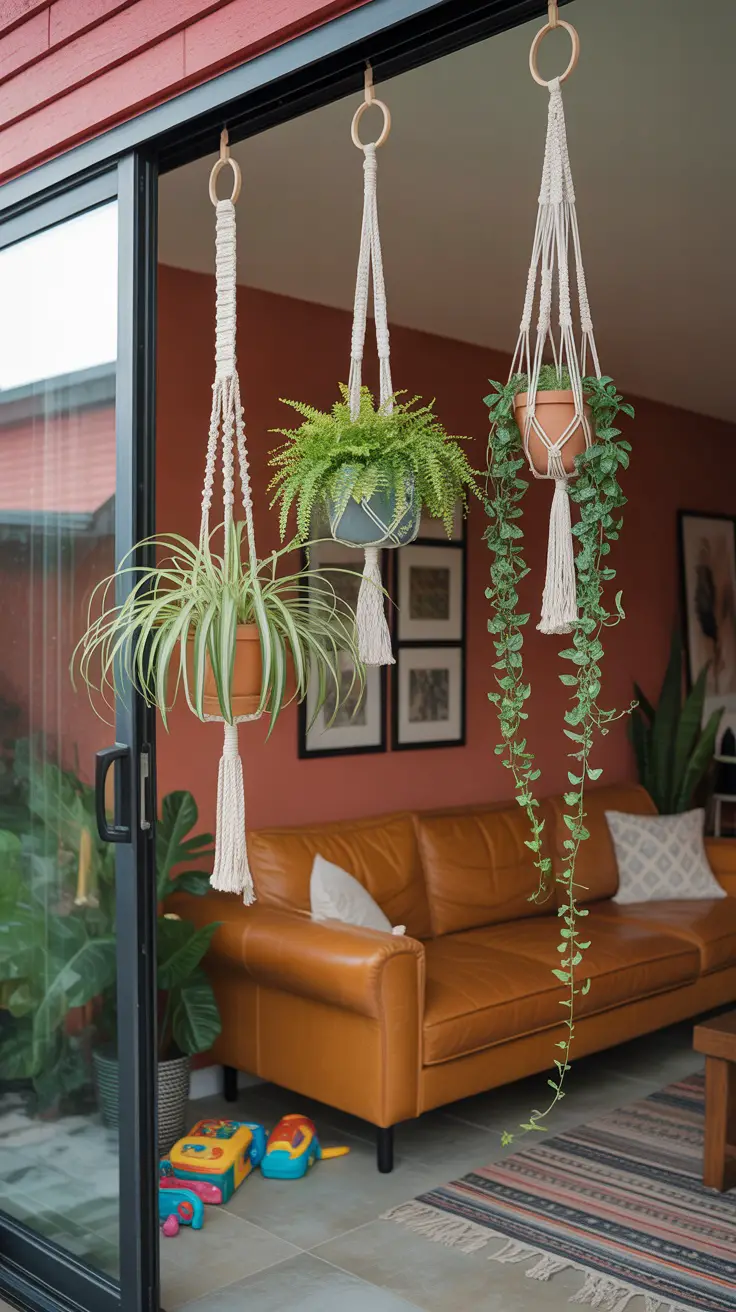 Three macrame hangers of varying lengths a spider plant, a small Boston fern, and a trailing string of hearts