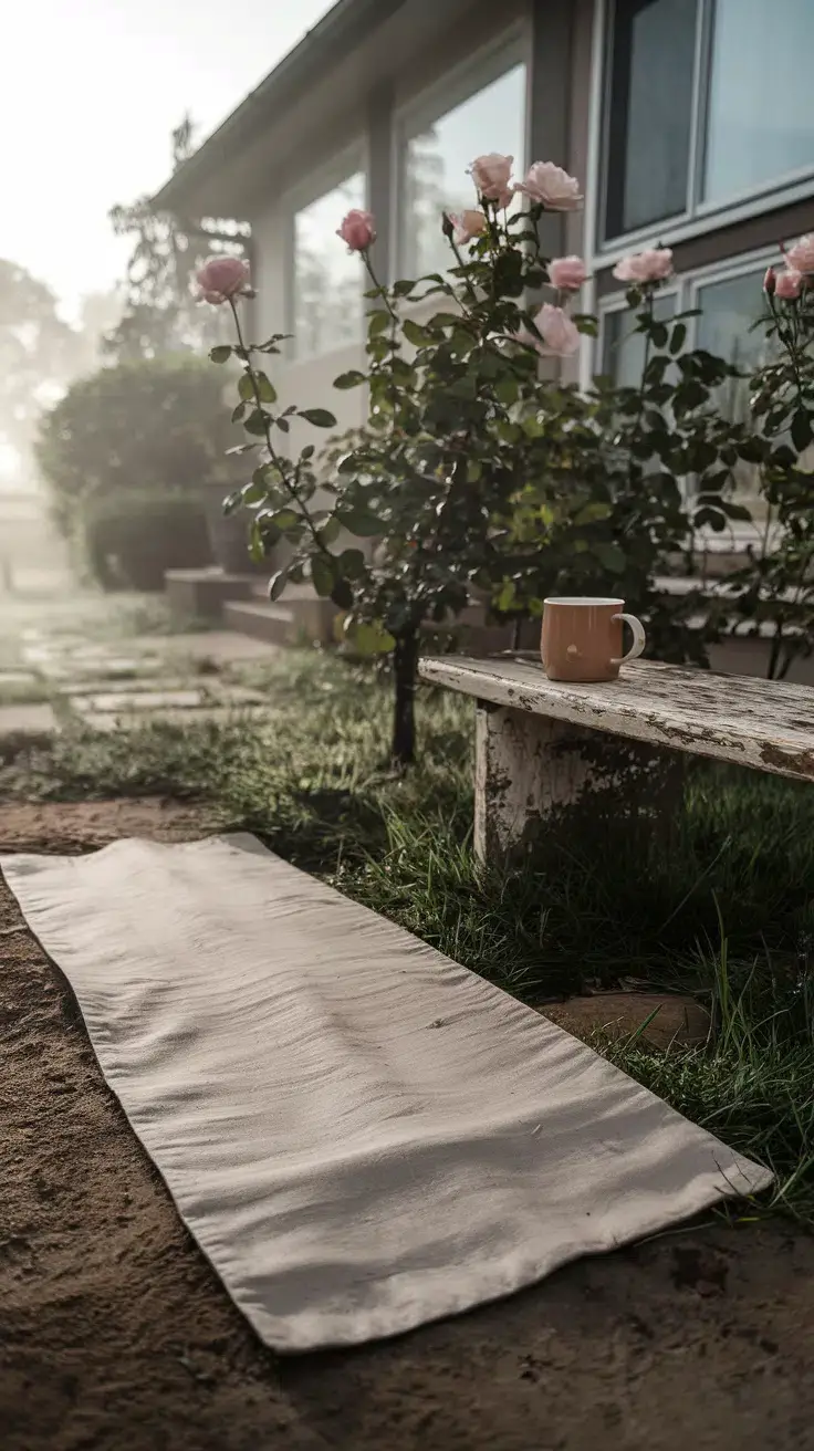 early morning yoga scene. A simple cotton mat lies on the ground near a rose bush