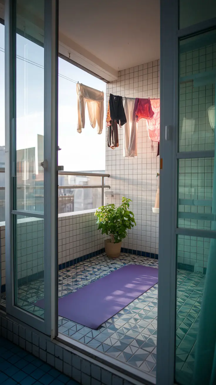 Small apartment balcony made ready for yoga