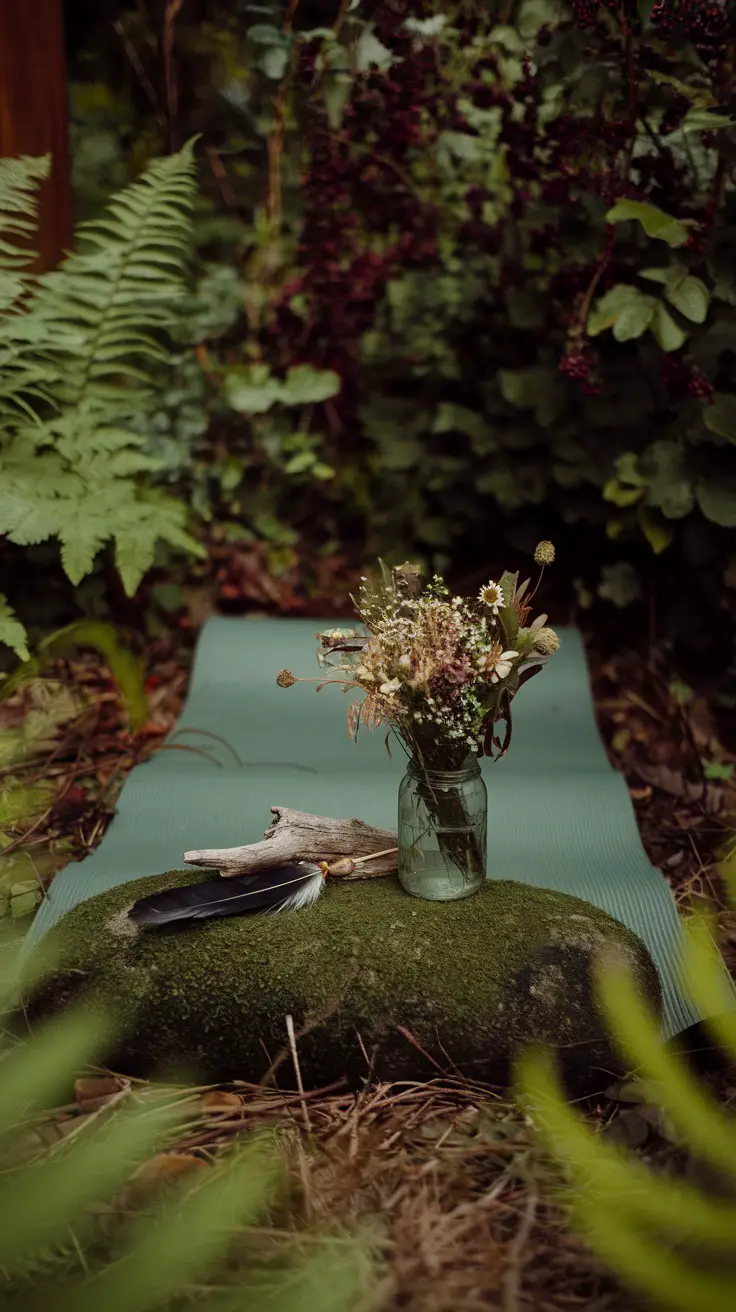 A natural altar with a crow's feather, a piece of weathered driftwood, and a bouquet of wild flowers Asters and Queen Anne's Lace,