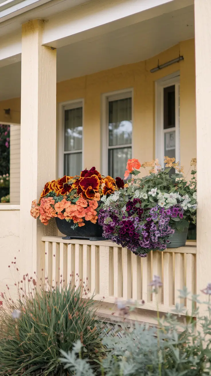 Porch fall planters: Left planter Pansies, Petunias. Right Geraniums, Dusty Miller, Nemesia or Trailing Verbena