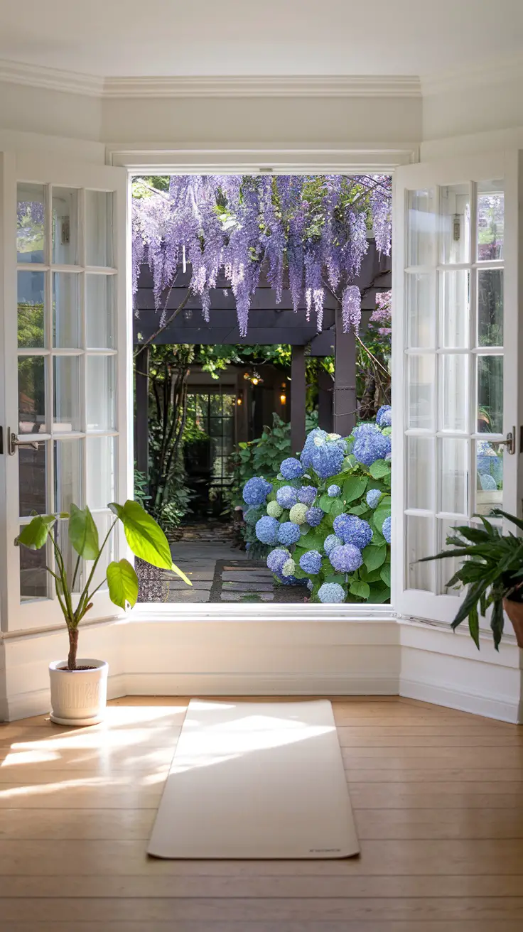 Yoga area in sunroom looking out ont garden