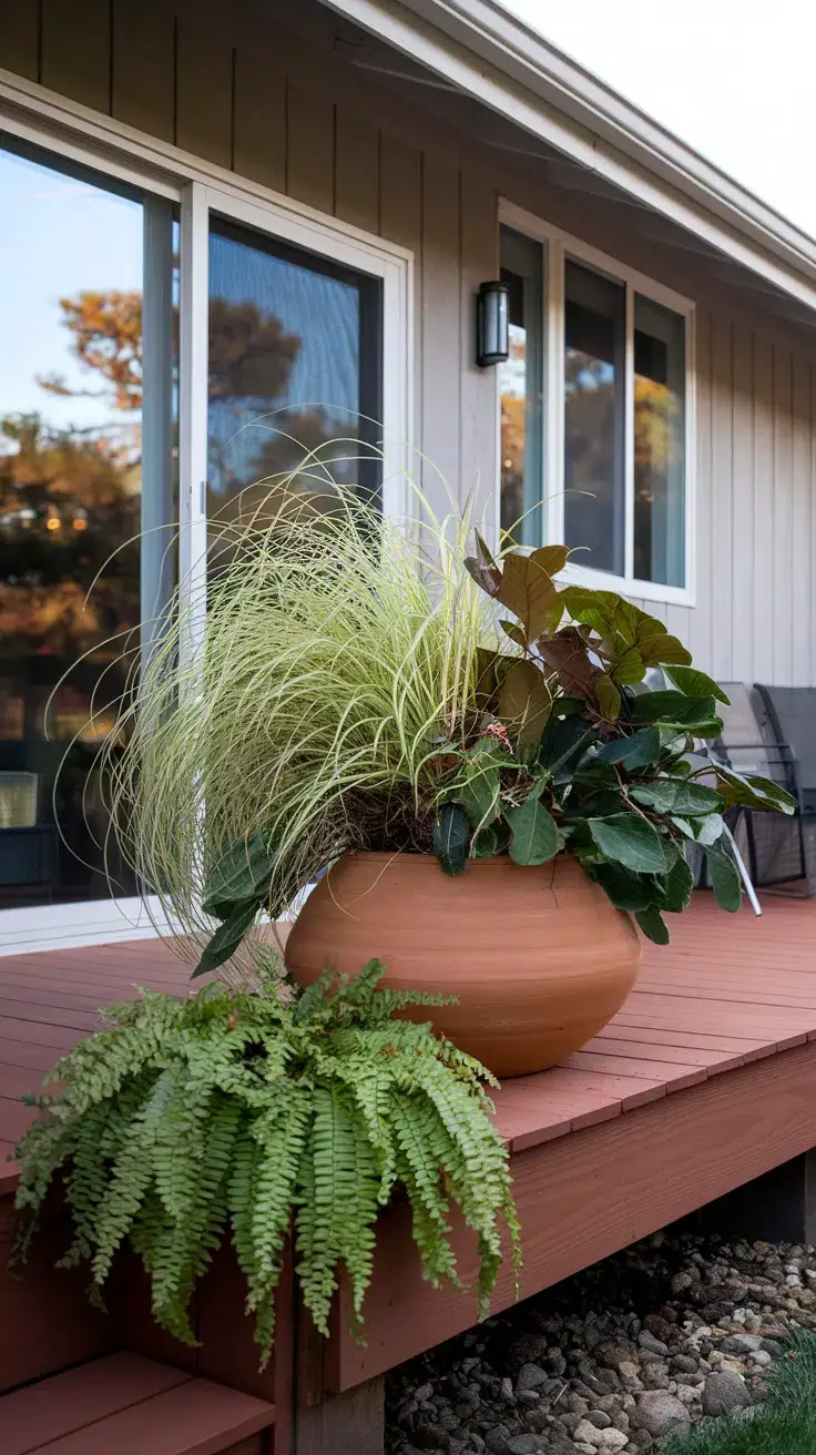 Shade fall planter featuring Japanese forest grass (Hakonechloa macra 'All Gold') Beside it, the thick, waxy, deep green leaves of a small potted rhododendron 'PJM Elite' provide a bold, glossy contrast. In the foreground, a cluster of maidenhair fern (Adiantum pedatum)