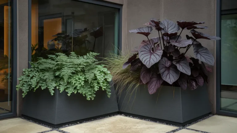 Shade fall planter with maidenhair fern (Adiantum venustum) enext to a dwarf elephant ear (Colocasia esculenta 'Illustris') and between them, a small clump of Japanese forest grass (Hakonechloa macra 'Beni-Kaze')