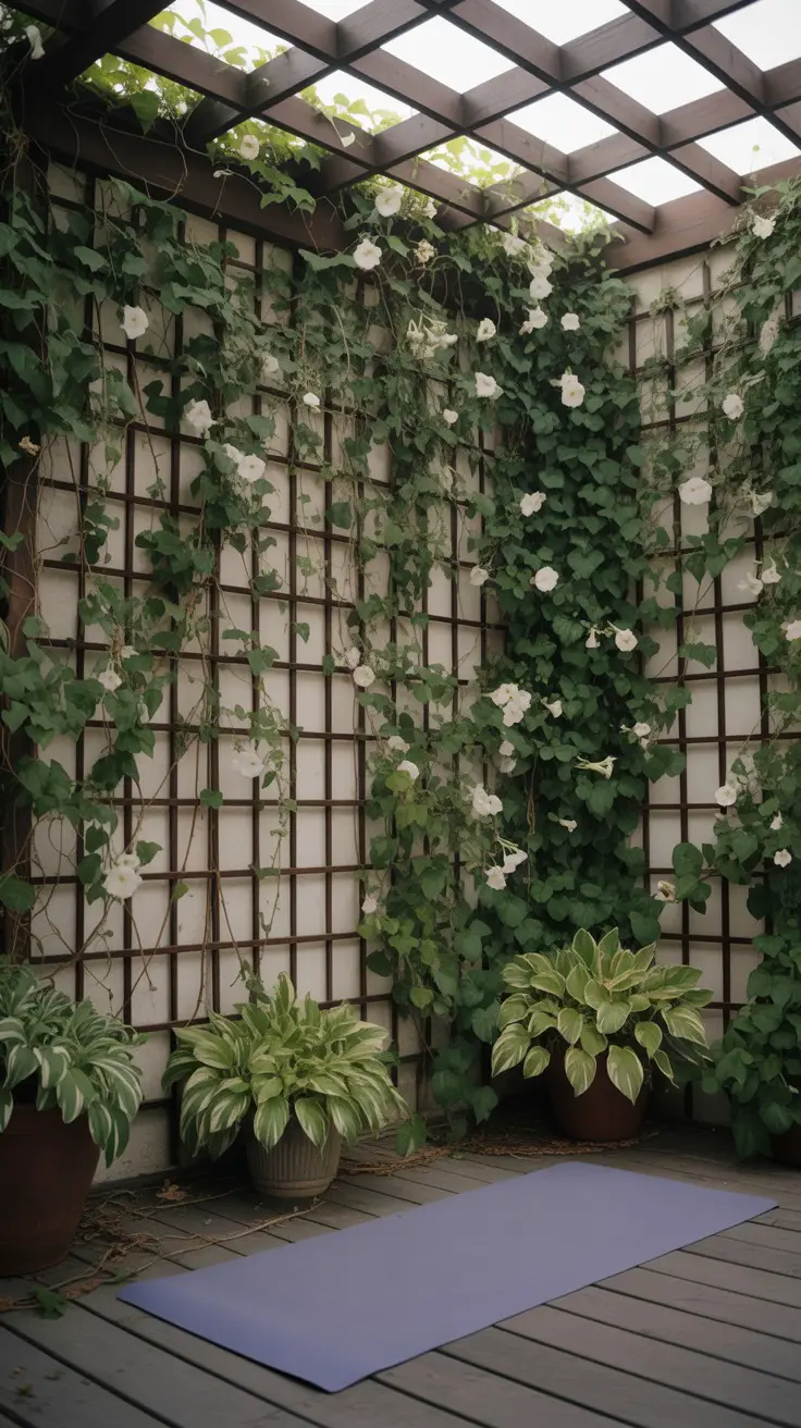 Trellis with jasmine and morning glories creating a privacy screen for the yoga area