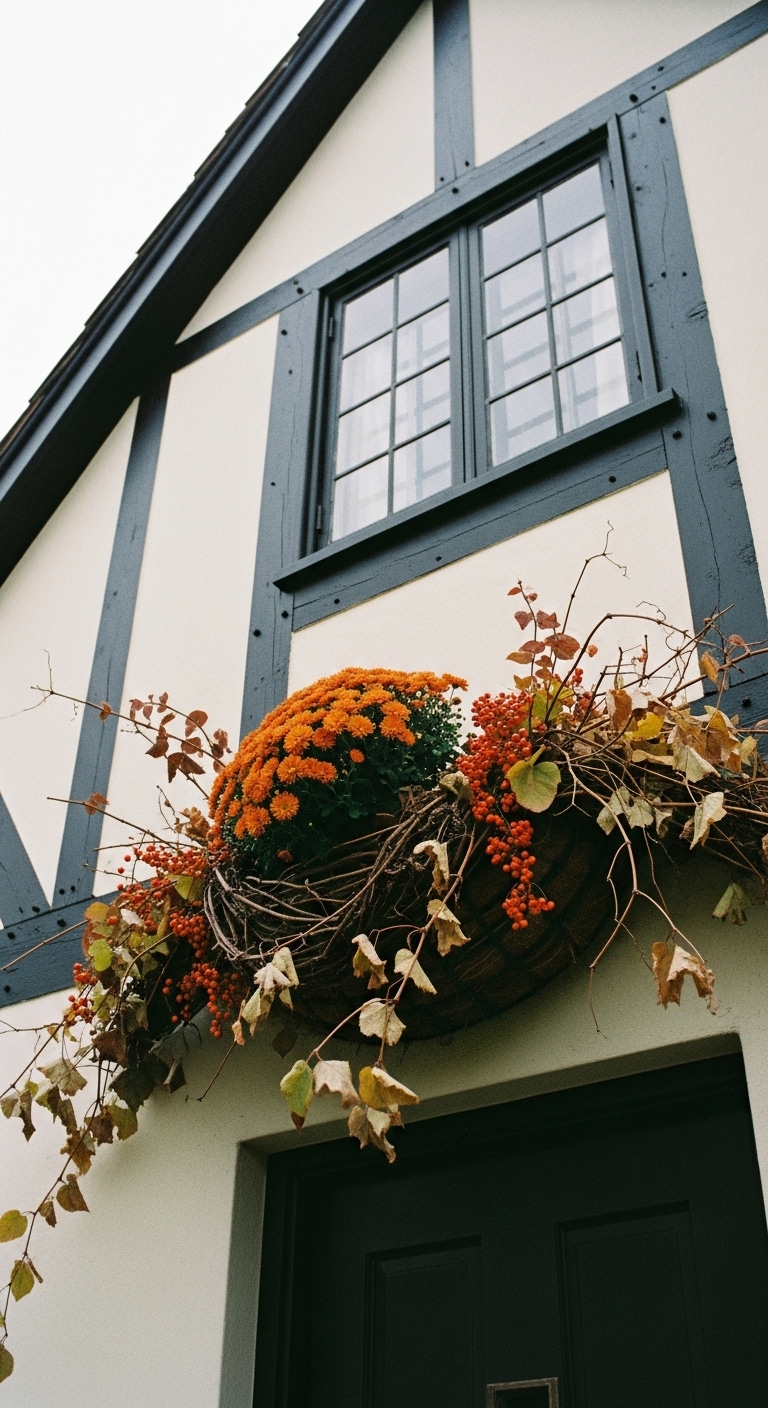Fall hanging basket - Orange chrysanthemums, but woven throughout are tgrapevine tendrils, some still clinging to tiny, dried leaves. Dotted among the foliage are clusters of lipstick-red bittersweet berries