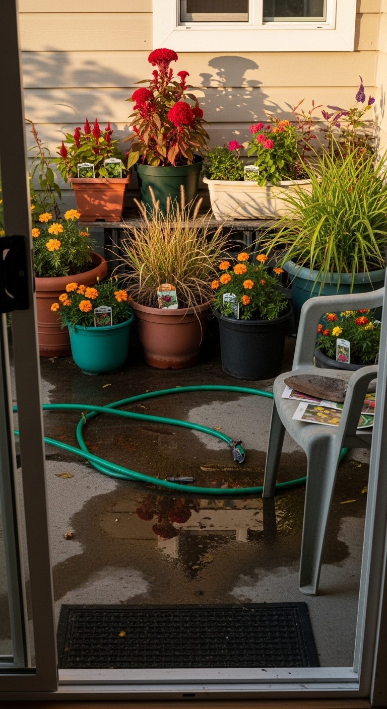 Fall planters with red celosia, orange marigolds, and browning fountain grass