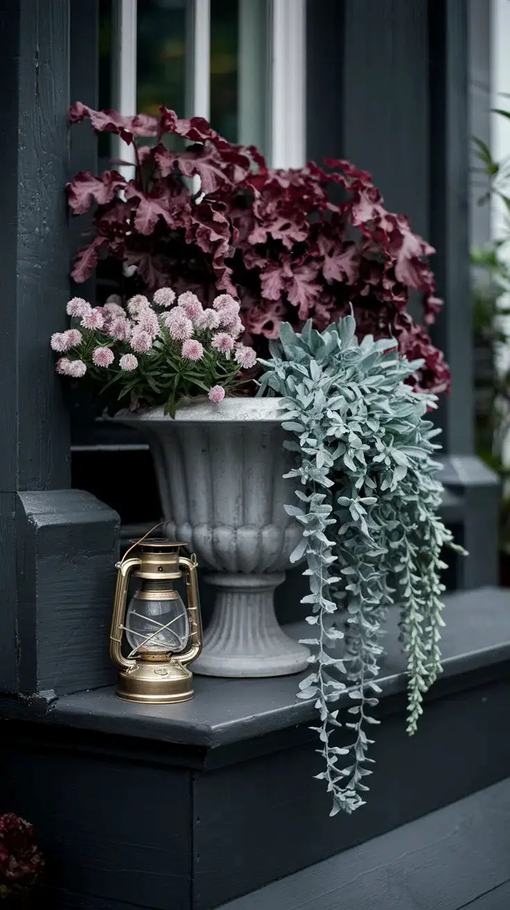 Dark Victorian fall porch planter with burgundy Heuchera, plum asters, and a cascade of silver Dichondra.