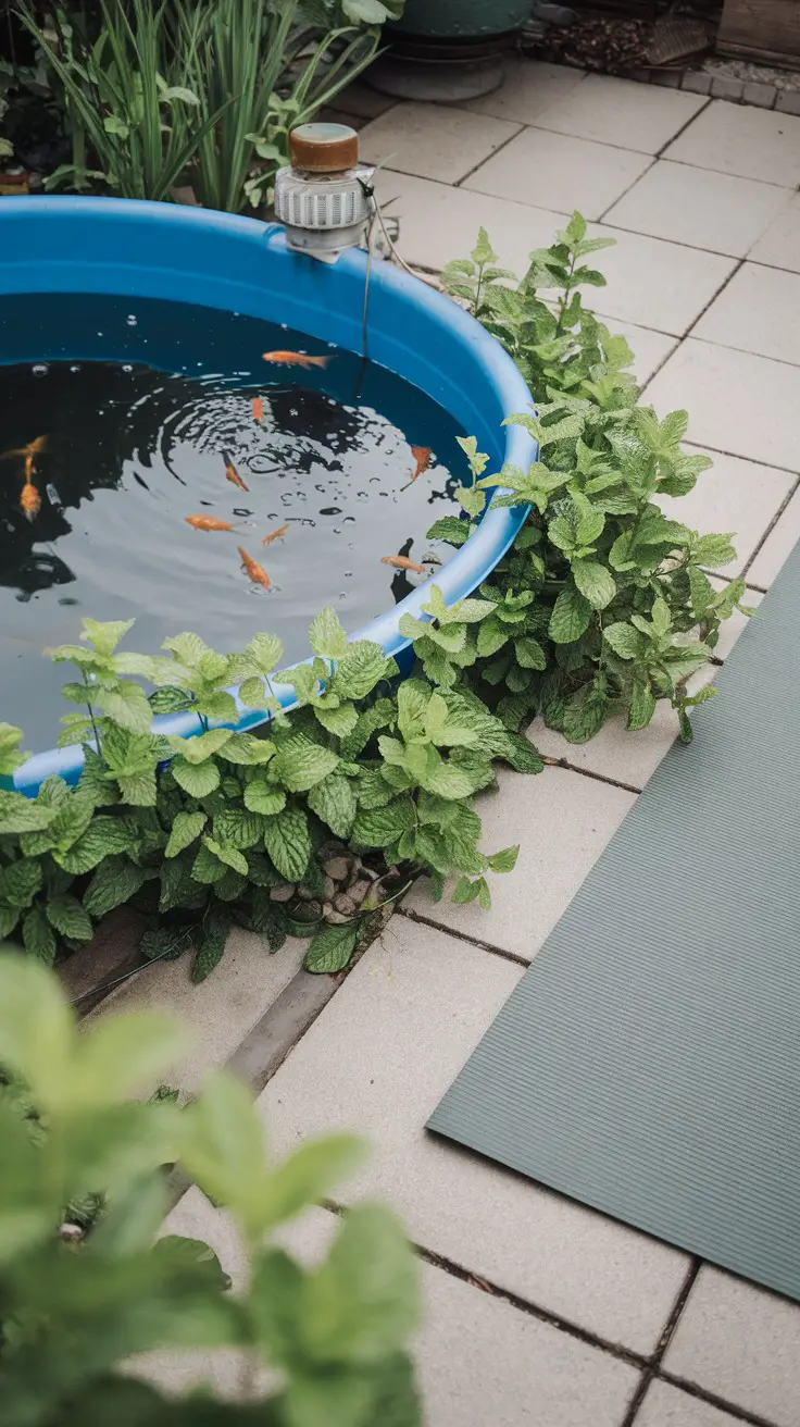 makeshift pond surrounded with mint next to a yoga mat