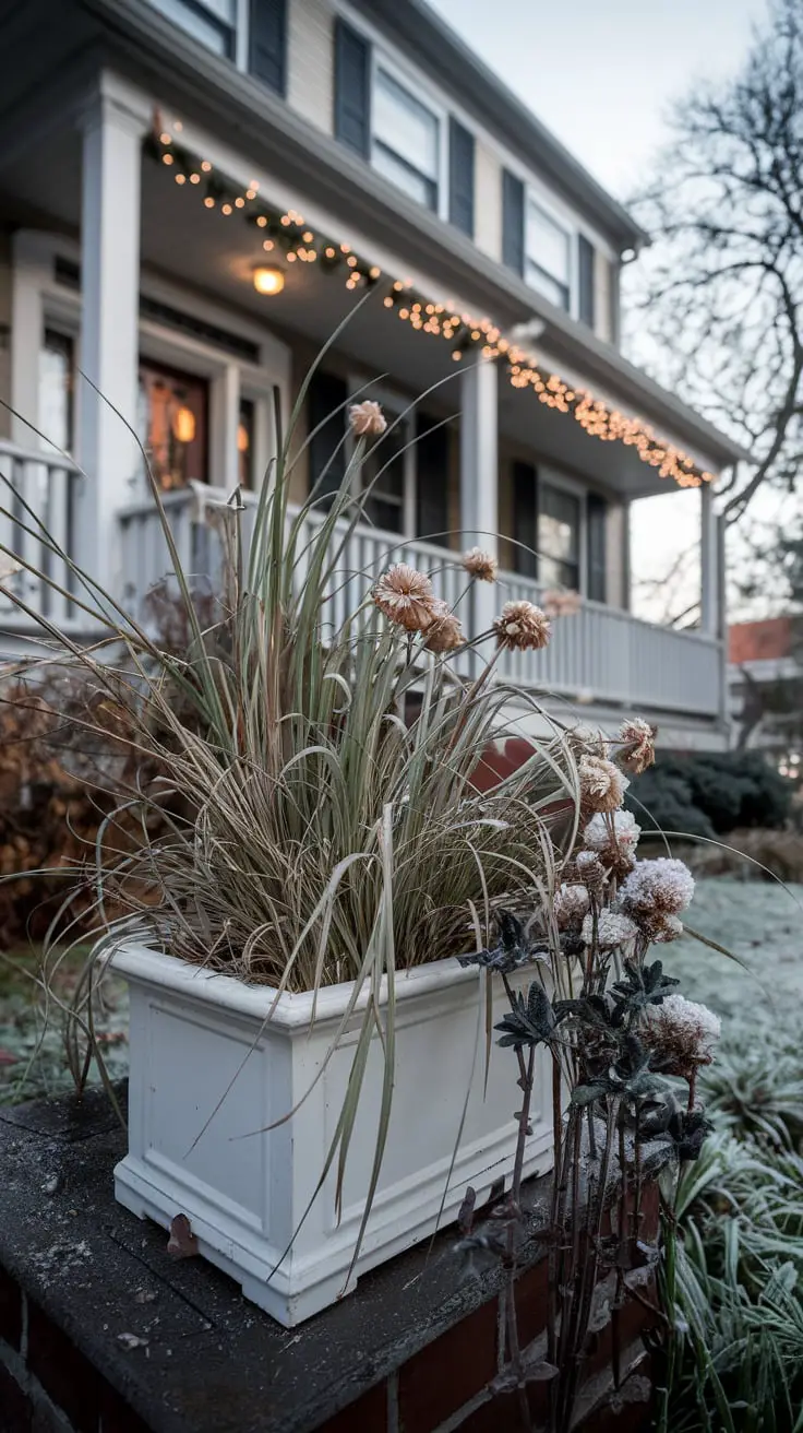 Fall planter early winter planters still hold tall switchgrass and dried sedum heads, now covered with a light frost. Brown mum stems poke through
