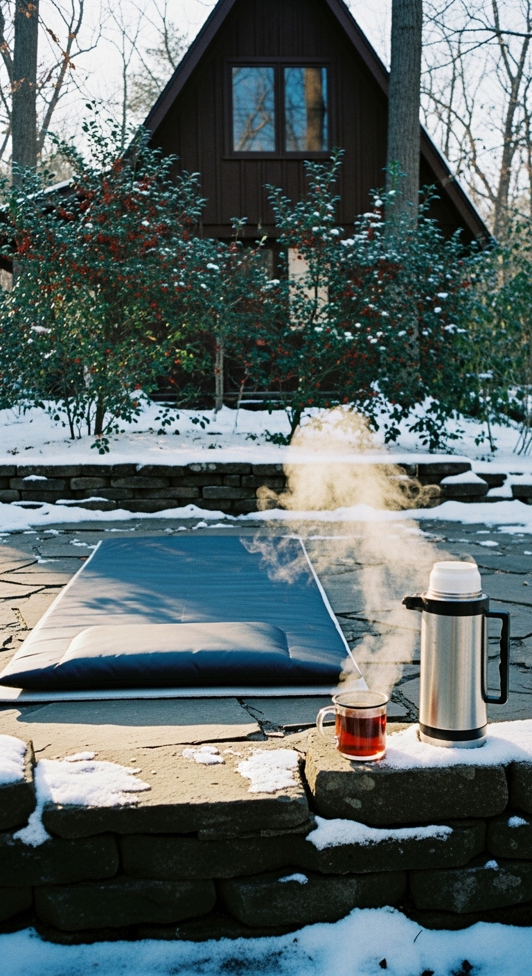 winter yoga on a snow clear patio
