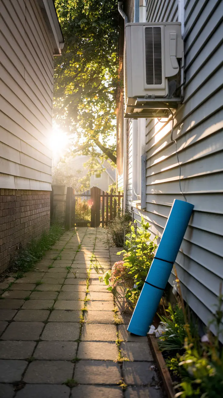 Narrow side yard used for yoga