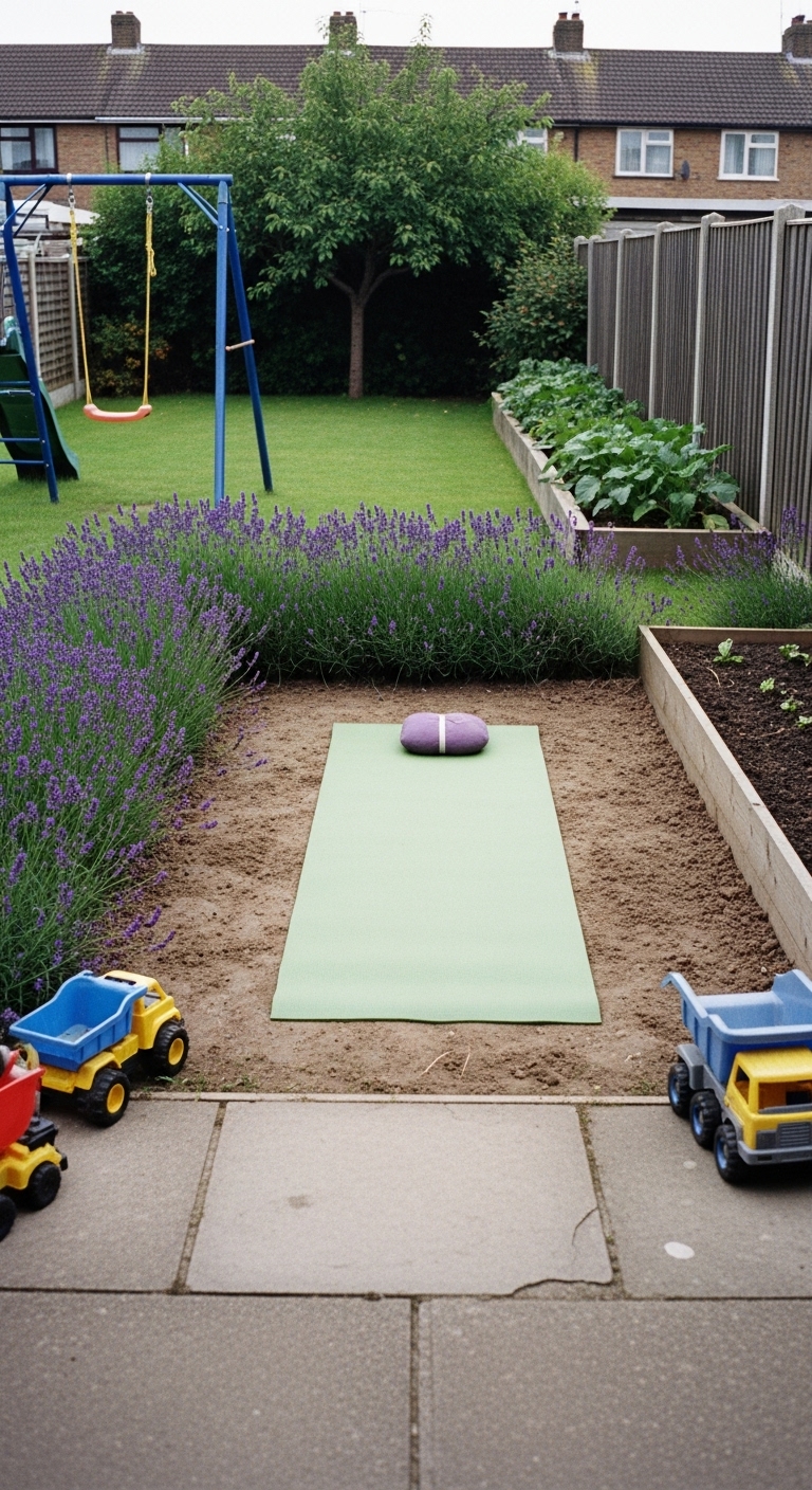 backyard with a yoga area and a kids' swing set