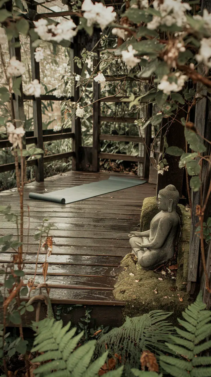wooden deck nestled between ferns and wild jasmine. A yoga unrolled next to a small Buddha statue