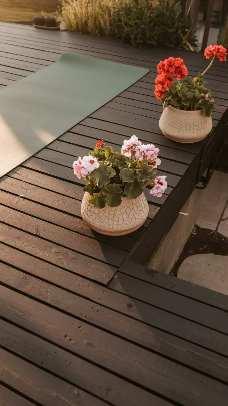 backyard deck made from recycled fence boards with a yoga area